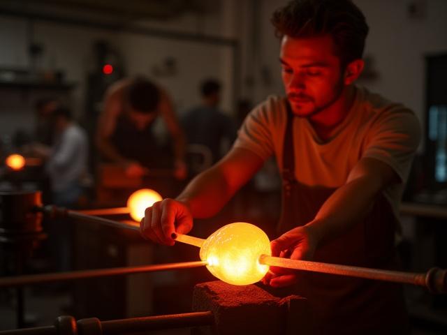 En instruktør veileder en student under et glassblåsingskurs, med glødende glass i forgrunnen